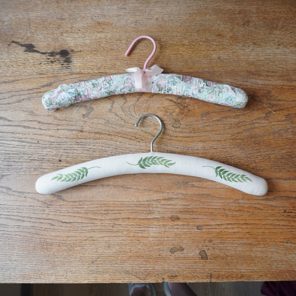 Vintage Wisteria Padded Hangers Set of 2 Linen Hand Embroidered Floral Lace